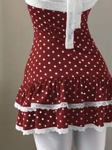 Elamini 复古黑白圆点蕾丝边蝴蝶结点缀露背系带腰部拼接荷叶边下摆迷你连衣裙，优雅可爱，适合夏季、海滩、度假、日常穿着、约会 - 紅色 - 查看 6