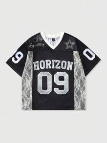 ROMWE MEN Prep Men's Sports Mesh Patchwork Short Sleeve T-Shirt, Sports Jersey - Black - View 1
