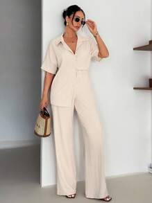 EURMUSE 2 Pcs Regular Shirt And Wide Leg Pants - Beige - View 6