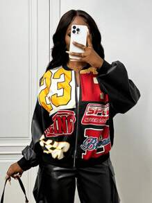 Slaydiva 2025 New Early Autumn Casual Street College Style Retro Daily Dating Digital Slogan Logo Yellow And Red Ball Pattern Loose Ball Jacket Baseball Jacket Front Center Metal Zipper Knitted And Black PU Drop Shoulder Long Sleeve Women's Jacket-A