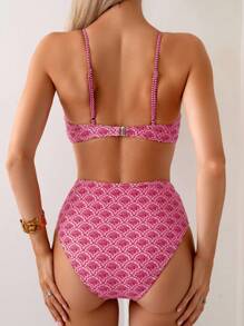 SHEIN Swim 女式简约全身印花高腰比基尼套装，细肩带，小V领，夏季 - 粉色 - 查看 2