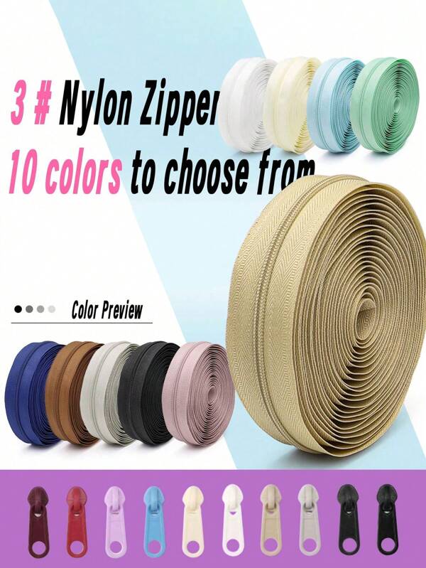 1 Set = 4,5m farbige Nr.3 Nylonreißverschlüsse + 10 Stücke passende farbige Kunststoff-Reißverschlusszipper, für Kleidung, Textilien, Taschen, Reißverschlüsse können frei auf Länge geschnitten werden, Nähzubehör (in mehreren Farben erhältlich)