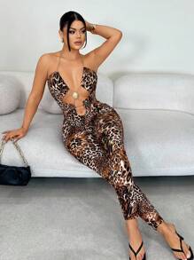 SHEIN SXY Bộ đồ liền thân in họa tiết da báo và xích kim loại rỗng gợi cảm - Nhiều màu - Xem 4