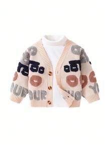 SHEIN Baby Boy/Girl Apricot Minimalist Letter Pattern Soft Knit V-Neck Long Sleeve Cardigan Sweater, Casual Warm Style Suitable For Home And Outdoor Wear, Autumn/Winter - Apricot - View 7