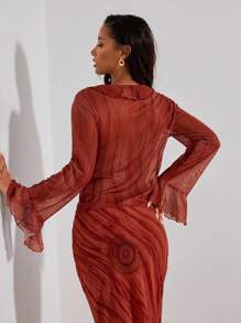 Opulessa Áo kiểu nữ dệt kim lưới kẻ sọc tay dài có bèo nhún, thích hợp cho kỳ nghỉ hè, du lịch. - Đỏ - Xem 6