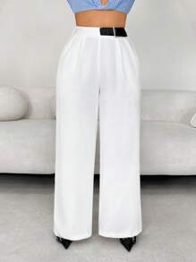 SHEIN SXY Business Casual Leather Belt Wide Leg Suit Pants, White Wide Leg Pants Women ,White Dress Pants, White Flare Pants ,White Pants ,Wide Leg Pants,Fall Women Clothes,Teacher Outfits For Women,Back To School,Business Casual Woman,Work Pants,Old Money - White - View 4