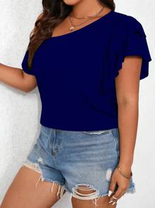 EMERY ROSE Áo thun trơn cổ bẻ bất đối xứng cỡ lớn cho nữ - Màu xanh hải quân - Xem 5