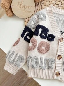 SHEIN Baby Boy/Girl Apricot Minimalist Letter Pattern Soft Knit V-Neck Long Sleeve Cardigan Sweater, Casual Warm Style Suitable For Home And Outdoor Wear, Autumn/Winter - Apricot - View 6