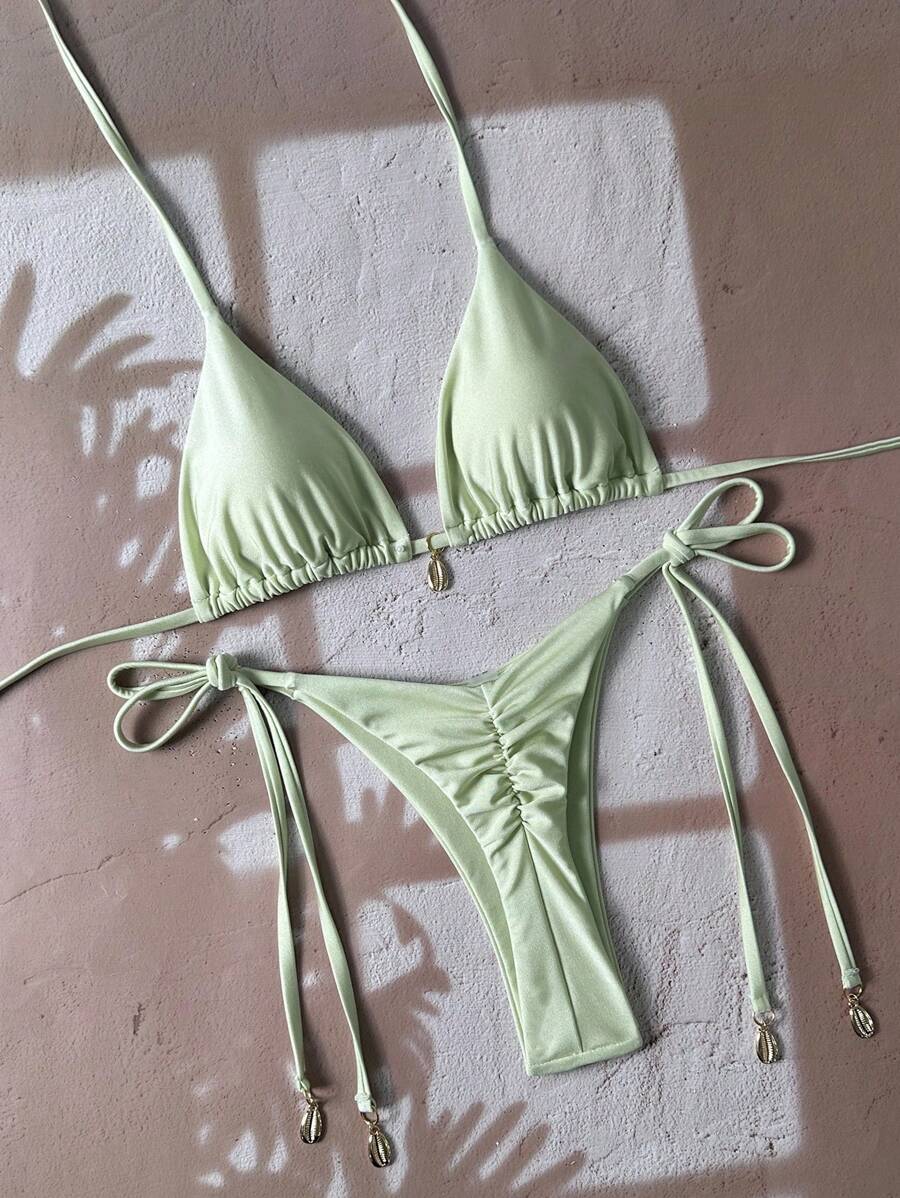 SHEIN Swim 纯色比基尼泳装，适合春假海滩度假 - 薄荷綠 - 查看 1