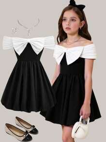 SHEIN Girlism Vestido negro y blanco de silueta abultada con gran moño, hombros descubiertos, para niñas preadolescentes de moda elegante y urbana - Negro - Ver 1