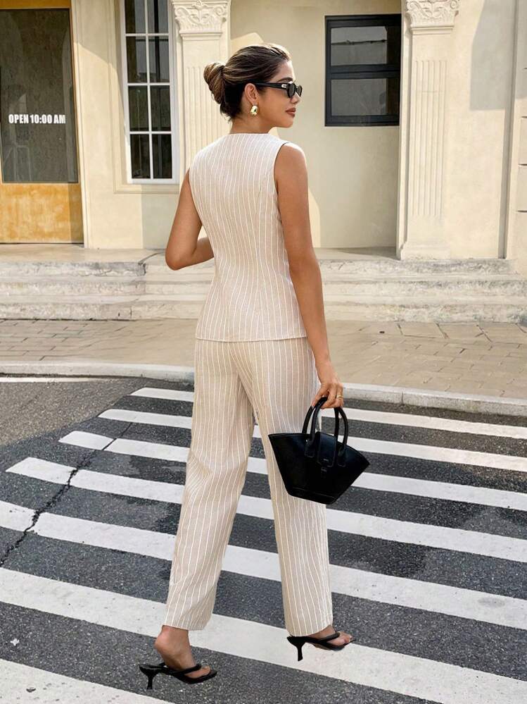 Serisse Completo da donna composto da 2 pezzi: top senza maniche a righe e pantaloni - Albicocca - Visualizzare 2