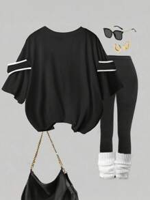 Calvaya Kaos Kasual Wanita Ukuran Besar Motif Garis Dua Warna dengan Hiasan Pita Besar, Cocok untuk Bepergian, Bersantai, dan Berolahraga - Hitam - View 4