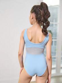 SHEIN Tween Girls Minimalist Navy Blue Mesh Patchwork Leotard, Fitted For School, Professional Training, Ballet, Gymnastics, Dance Studio, Dance Performance Young Girls Sets Young Girl Summer Outfits Body Suits For Girls Bodysuit For Girls Leotards For Girls - Blue - View 2