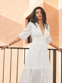 Anewsta White V-Neck Slit Lace Elegant Floor-Length Dress Maxi Women Outfit