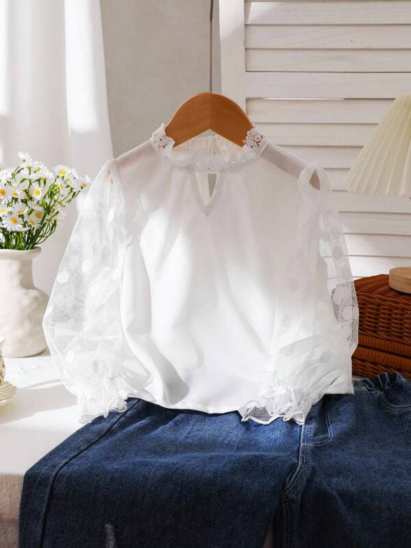 Young Girls White Long Sleeve Polka Dot Mesh Soft Comfortable Ruffled Collar Blouse Casual Daily Wear, Spring Autumn Back To School Look Fall Winter