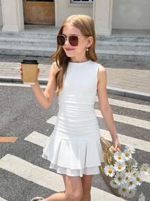 SHEIN Serisse Kids Vestido curto casual para meninas adolescentes com decote redondo, sem mangas, franzido lateral e tie-dye