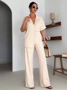 EURMUSE 2 Pcs Regular Shirt And Wide Leg Pants - Beige - View 5