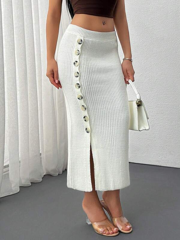 EURMUSE Solid Color Front Button Split Elegant Fitted Sweater Mini Skirt Skirt With Slit Button Down Skirt Back To School Cute Fall Women Clothes