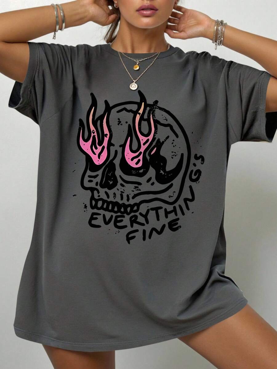 SHEIN EZwear Plus Size Summer Casual Skull Print T-Shirt