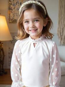 Young Girls White Long Sleeve Polka Dot Mesh Soft Comfortable Ruffled Collar Blouse Casual Daily Wear, Spring Autumn Back To School Look Fall Winter - White - View 5