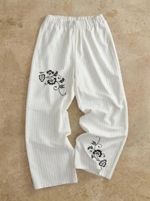 Manfinity BRENVOR Striped Elastic Waist Pockets Floral Embroidery Summer Men Pants - White - View 1