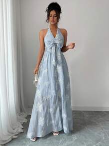 Elenzga Women's Floral Jacquard Knotted Front Sleeveless Midi Dress, Random Print