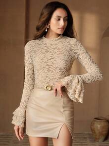 Anewsta Apricot Elegant High Collar Semi-Sheer Lace Flare Sleeve Ruffle Hem Women Top, Autumn/Winter - Apricot - View 5
