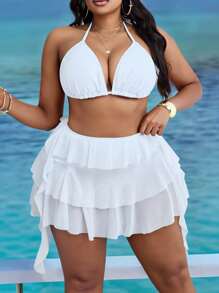 Slaydiva Traje de baño de 2 piezas talla grande para mujer, con parte superior tipo halter de unicolor y shorts con volantes multicapa, ideal para vacaciones en la playa - Blanco - Ver 1