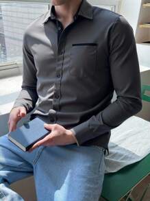 SHEIN 青少年男孩百搭长袖衬衫，休闲舒适，适合日常穿着 - 灰色 - 查看 2