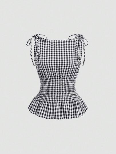 Sweetra Women's Elegant French Style Solid Plaid Tie Shoulder Buckle Waist Slim Fit Casual Daily Tank Top