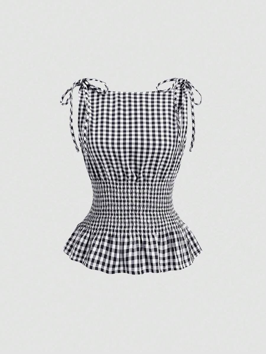 Sweetra 女士优雅法式纯色格子系带肩扣腰部修身休闲日常背心
