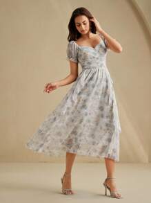 Anewsta Elaire 女士优雅浪漫碎花方领雪纺精致派对礼服 - 藍色 - 查看 5