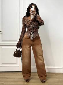 Slaydiva Elegant Brown Leopard Print Mesh Sheer Blouse,Autumn Ruffle Trim Tie Front Women Top For Night Out,Music Festival,Daily,Party,Date,Beach,Cruise - Multicolor - View 7