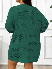 Calvaya Cárdigan casual largo y sólido con diseño calado para tallas grandes
