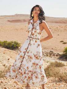 Anewsta Vestido de mujer elegante y romántico con volantes en el bajo, sin mangas, con estampado floral, para vacaciones/citas, atuendo casual para primavera/verano, ideal para festivales y vacaciones