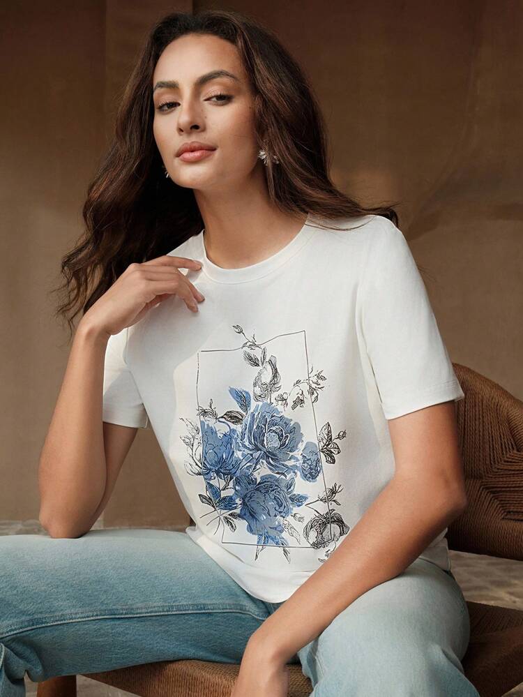 Women Elegant Versatile Floral Print Crew Neck T-Shirt, Spring/Summer