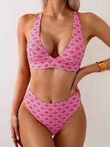 Swim Vcay 女式 V 领交叉后背带印花两件套比基尼套装，夏季新品