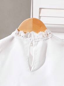 Young Girls White Long Sleeve Polka Dot Mesh Soft Comfortable Ruffled Collar Blouse Casual Daily Wear, Spring Autumn Back To School Look Fall Winter - White - View 8