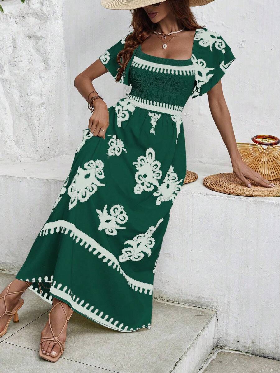 SHEIN Clasi 女士时尚黑白印花荷叶边袖方领连衣裙（随机印花）长款女装 - 墨綠色 - 查看 1