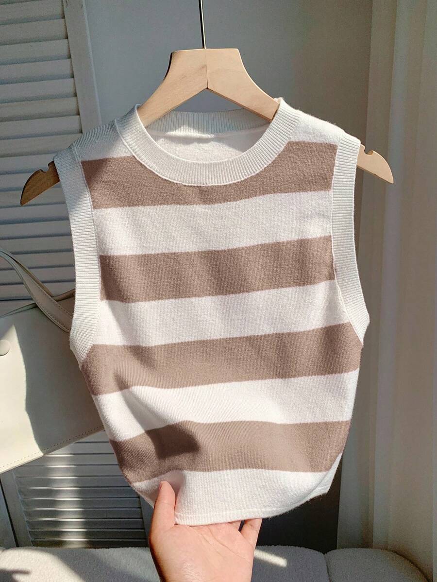 Comfortcana 女士休闲驼色条纹短款针织上衣