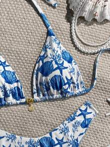 Swim Mod 2 件套夏季假期随机印花罗纹纹理面料金色贝壳装饰吊带文胸上衣和高腰泳裤性感比基尼泳装 - 彩色 - 查看 6
