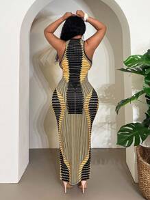 Veslaya 2025 Spring/Summer New Arrival Plus Size Women Dress, Casual/Resort/Tropical Vacation/Music Festival/Road Trip/Date/ Holiday/Party/Sexy Club Outfit, Street Fashion Fitted Mandarin Collar Sleeveless Yellow & Black Abstract Tech Symmetrical Color Blocking Midi Dress - B Plus Size Bodycon Dress Curve Summer Dresses Bodycon Maxi Dress - Yellow - View 7