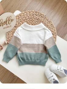 SHEIN Suéter de bebé niño de manga larga con cierre a presión, cuello suave y estampado de bloques de color - Blanco - Ver 2