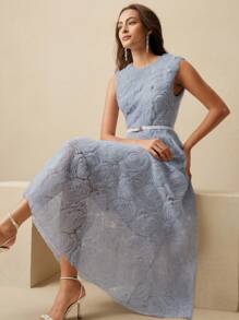 Anewsta Đầm midi không tay thiết kế thanh lịch cho nữ, trang trí hoa nhiều lớp, thắt eo ngọc trai, thích hợp cho mùa xuân, mùa hè, lễ hội, tốt nghiệp - Màu xanh lam - Xem 1