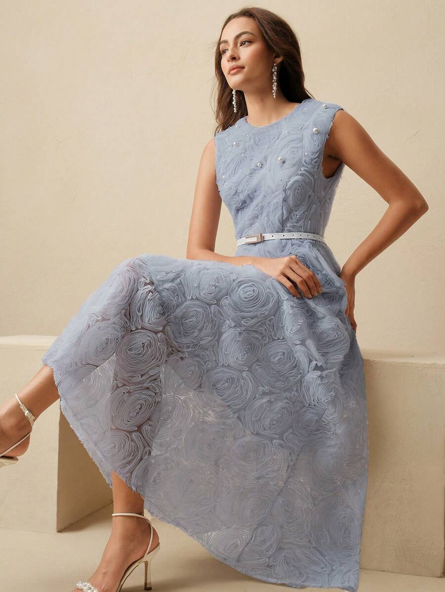 Anewsta Đầm midi không tay thiết kế thanh lịch cho nữ, trang trí hoa nhiều lớp, thắt eo ngọc trai, thích hợp cho mùa xuân, mùa hè, lễ hội, tốt nghiệp - Màu xanh lam - Xem 1