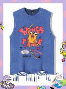 ROMWE MEN Adventure Time X ROMWE Áo ba lỗ in họa tiết hoạt hình và denim cho nam, thích hợp mặc hàng ngày vào mùa xuân, hè - Màu xanh lam - Xem 5