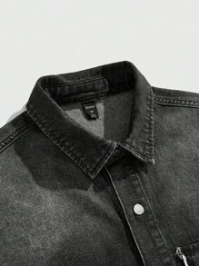 ROMWE MEN Goth Men's Boxy Fit Printed Denim Shirt, Rhinestone Short Sleeve Denim Top - Black - View 4
