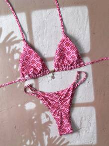 Elavelle Set Bikini Seksi Springbreak untuk Liburan Pantai Musim Panas dengan Motif Bunga Acak dan Tali Bahu Tipis serta Hiasan Logam - MultiWarna - View 3