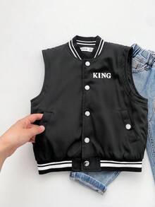 SHEIN Chaleco/Chaqueta negra con estampado gráfico de letra y acolchado, estilo callejero casual y holgado para niño, forro grueso, cómodo para ir al trabajo, la escuela, uso diario, deportes, adecuado para otoño e invierno - Negro - Ver 7