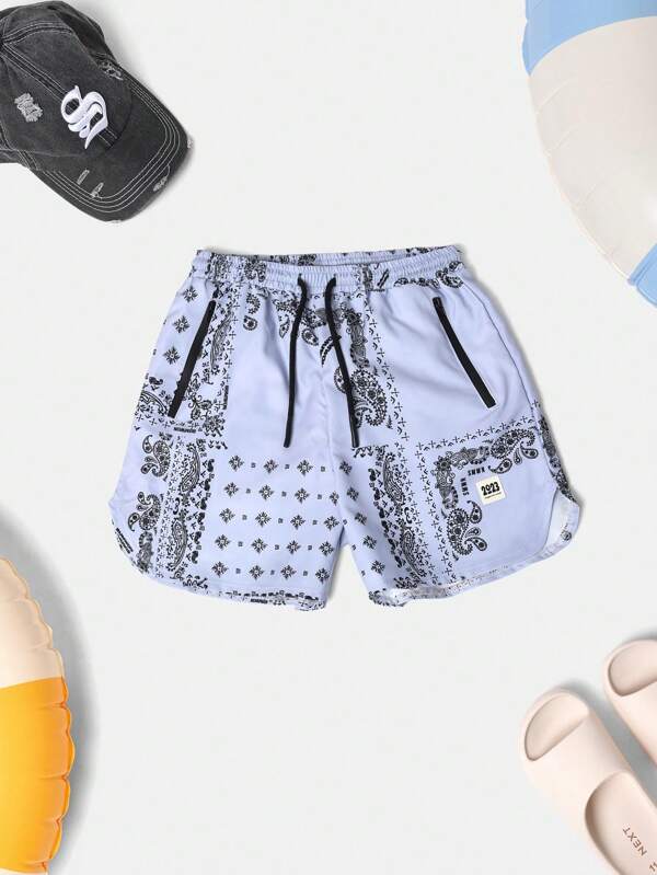 SUMWON Bandana Print Drawstring Swimming Trunks Summer Swim Shorts Beach Wear Pool Vacation Resort Sportswear Festival Surfer Style Short